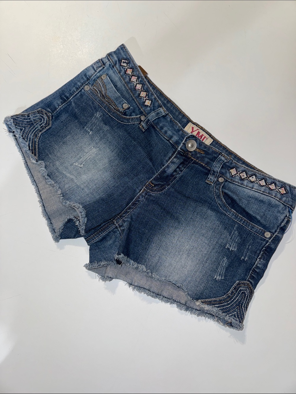 2000s YMI Dark Blue Denim Cutoff Shorts with Embroidered Waist Detail size 5
